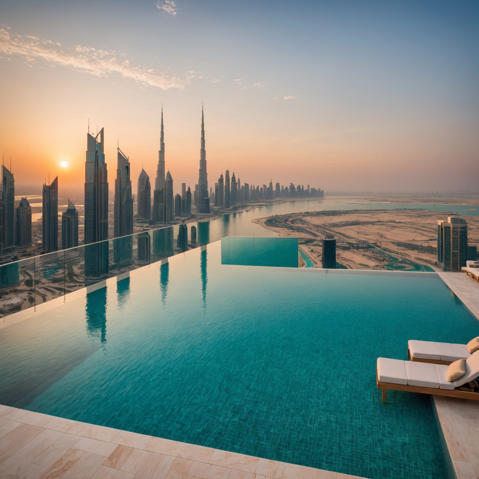 Panoramic view of PoolAura-Sky's stunning infinity pool at sunset with Dubai's glittering skyline in the background, crystal-clear turquoise water reflecting golden hour light, luxurious poolside loungers with champagne-colored cushions, and Palm Jumeirah visible below