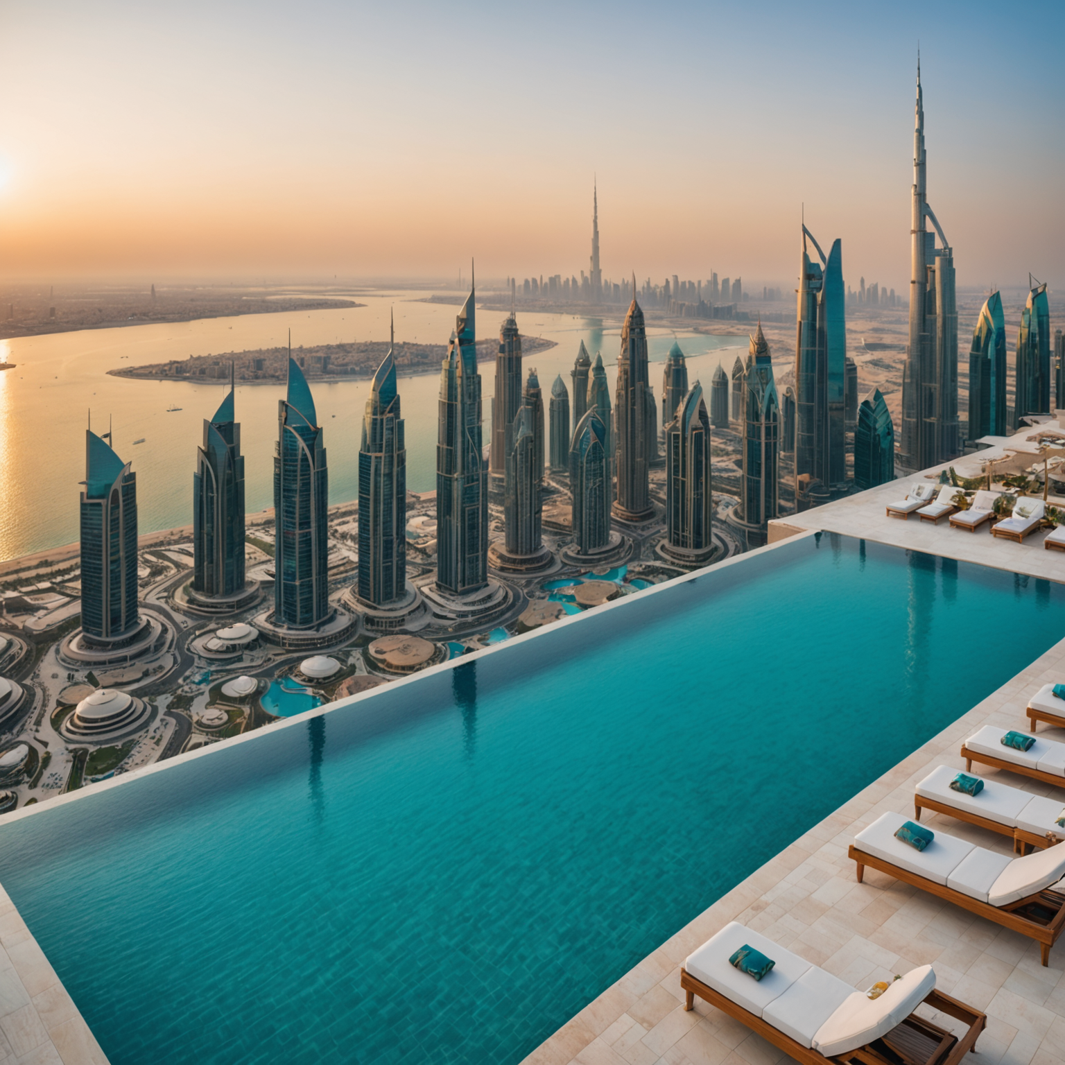 PoolAura-Sky's stunning panoramic infinity pool overlooking Dubai skyline at sunset, with crystal-clear turquoise water reflecting golden hour light, Palm Jumeirah visible in background, luxurious poolside loungers with champagne-colored cushions, modern Arabian architecture, and breathtaking 360-degree views of the Arabian Gulf