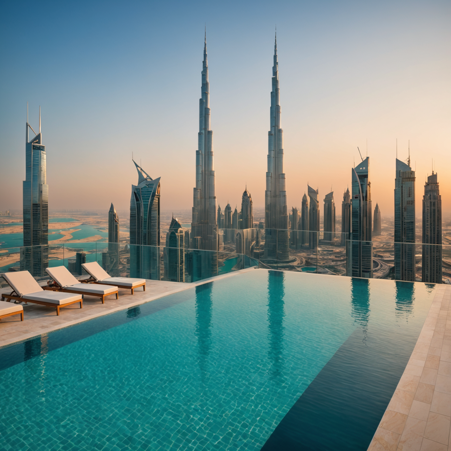 Breathtaking panoramic view of PoolAura-Sky's infinity pool at golden hour, with crystal-clear turquoise water seamlessly blending into Dubai's iconic skyline featuring Burj Khalifa and modern skyscrapers, luxury loungers arranged along the pool edge, warm champagne-gold lighting reflecting on water surface
