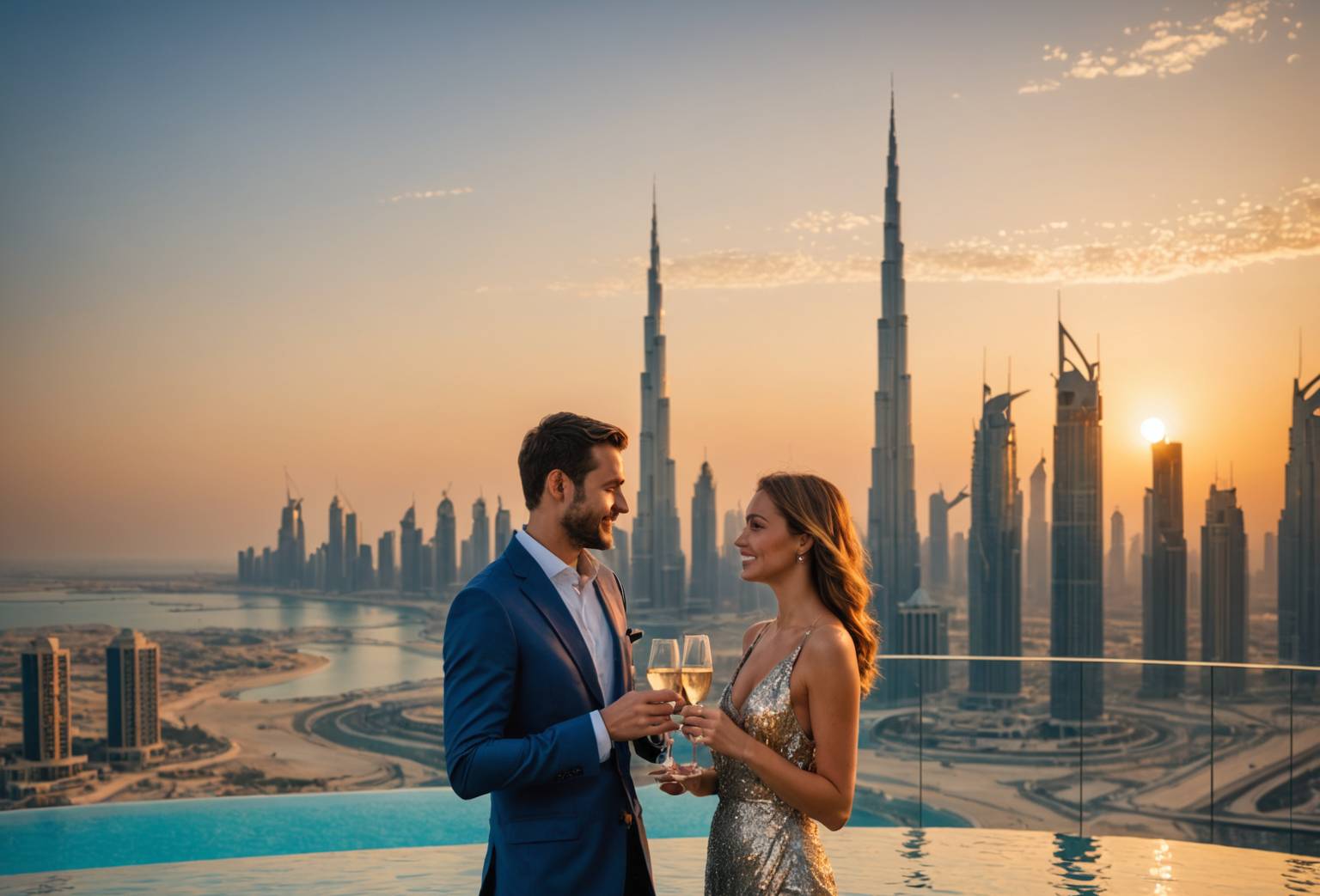 Romantic couple enjoying champagne at sunset by the panoramic infinity pool at PoolAura-Sky, with Dubai's glittering skyline in the background, warm golden hour lighting creating an intimate atmosphere