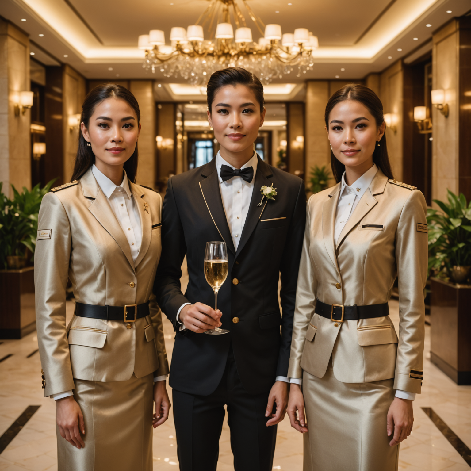 Professional hotel staff team in elegant uniforms standing in the luxurious lobby of PoolAura-Sky, with warm lighting and champagne gold accents, showcasing dedication and world-class hospitality