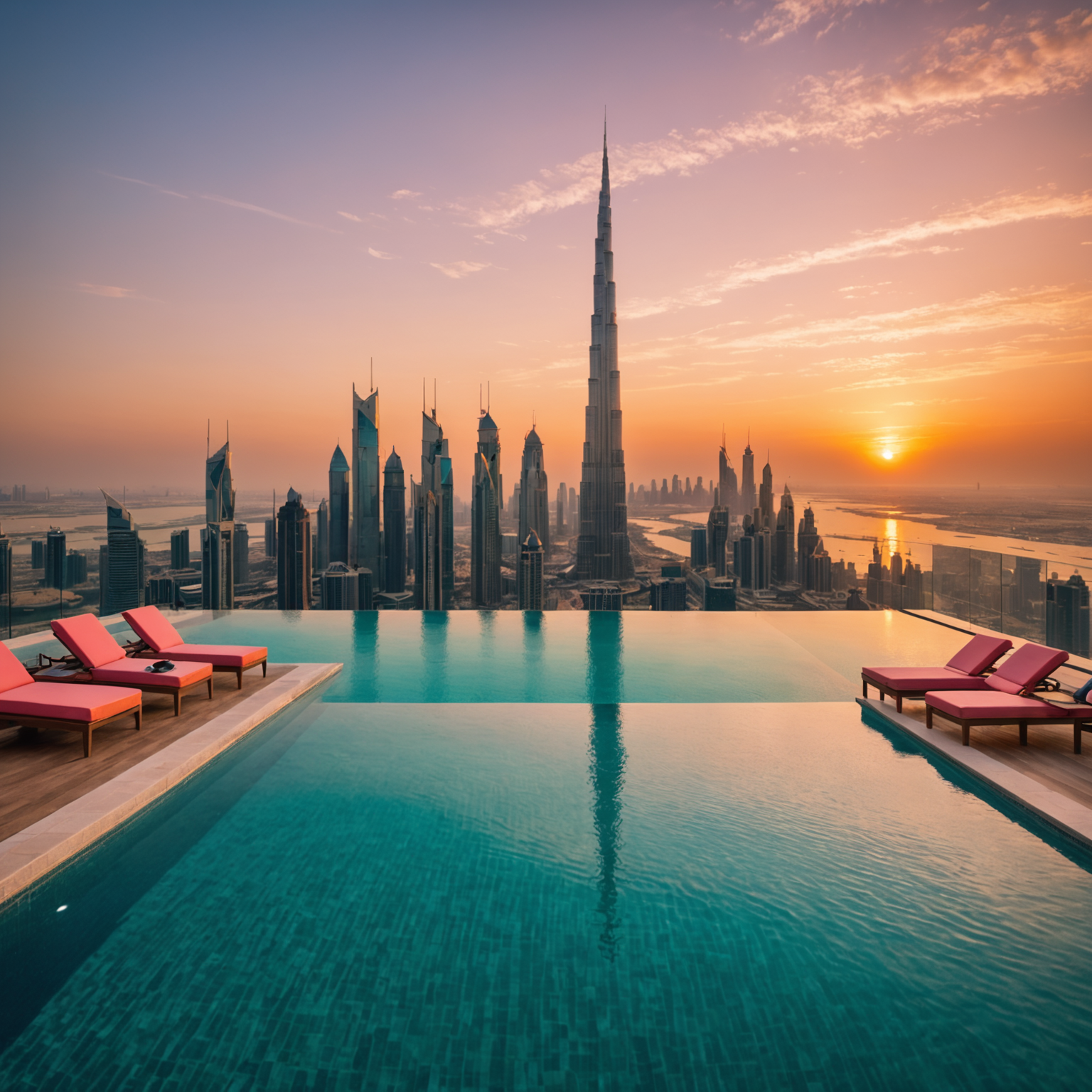 Breathtaking panoramic view of PoolAura-Sky's signature infinity pool during golden hour, with the Dubai skyline silhouetted against a vibrant orange and pink sunset sky, luxury loungers arranged along the pool edge, and champagne glasses reflecting the warm light