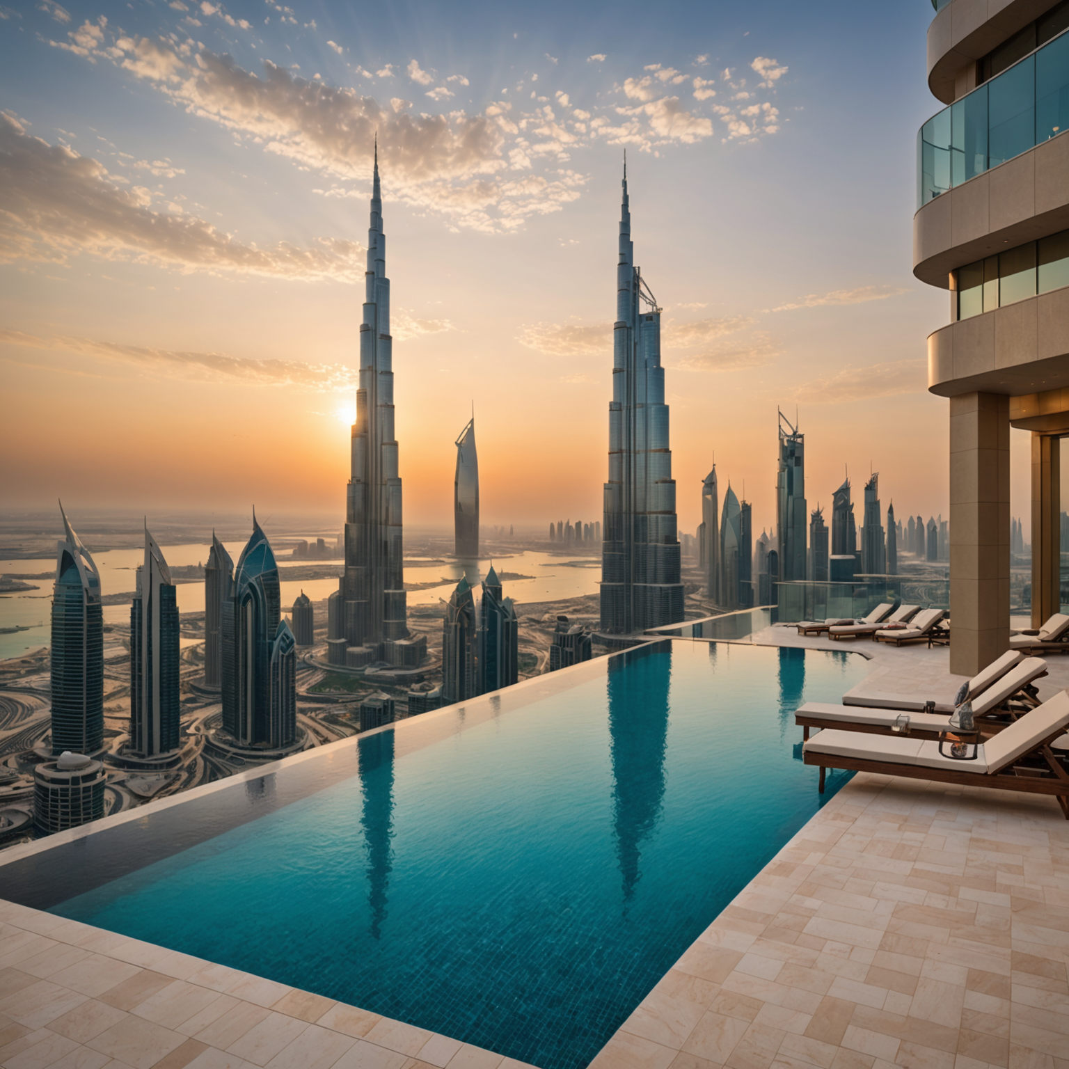 Breathtaking sunset view of PoolAura-Sky's signature infinity pool overlooking Dubai's glittering skyline, with elegant poolside loungers and warm golden lighting creating an atmosphere of ultimate luxury