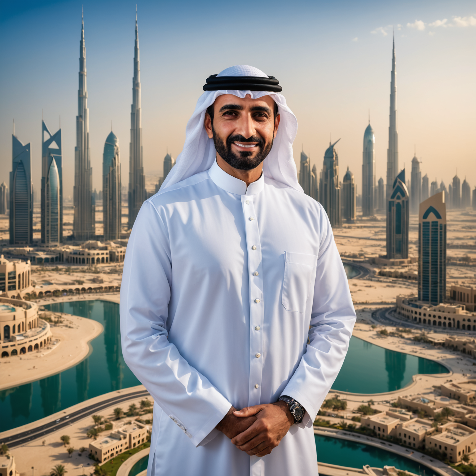 Professional portrait of Rashid Al-Maktoum, General Manager of PoolAura-Sky, wearing elegant business attire with Dubai skyline in background, confident and welcoming expression