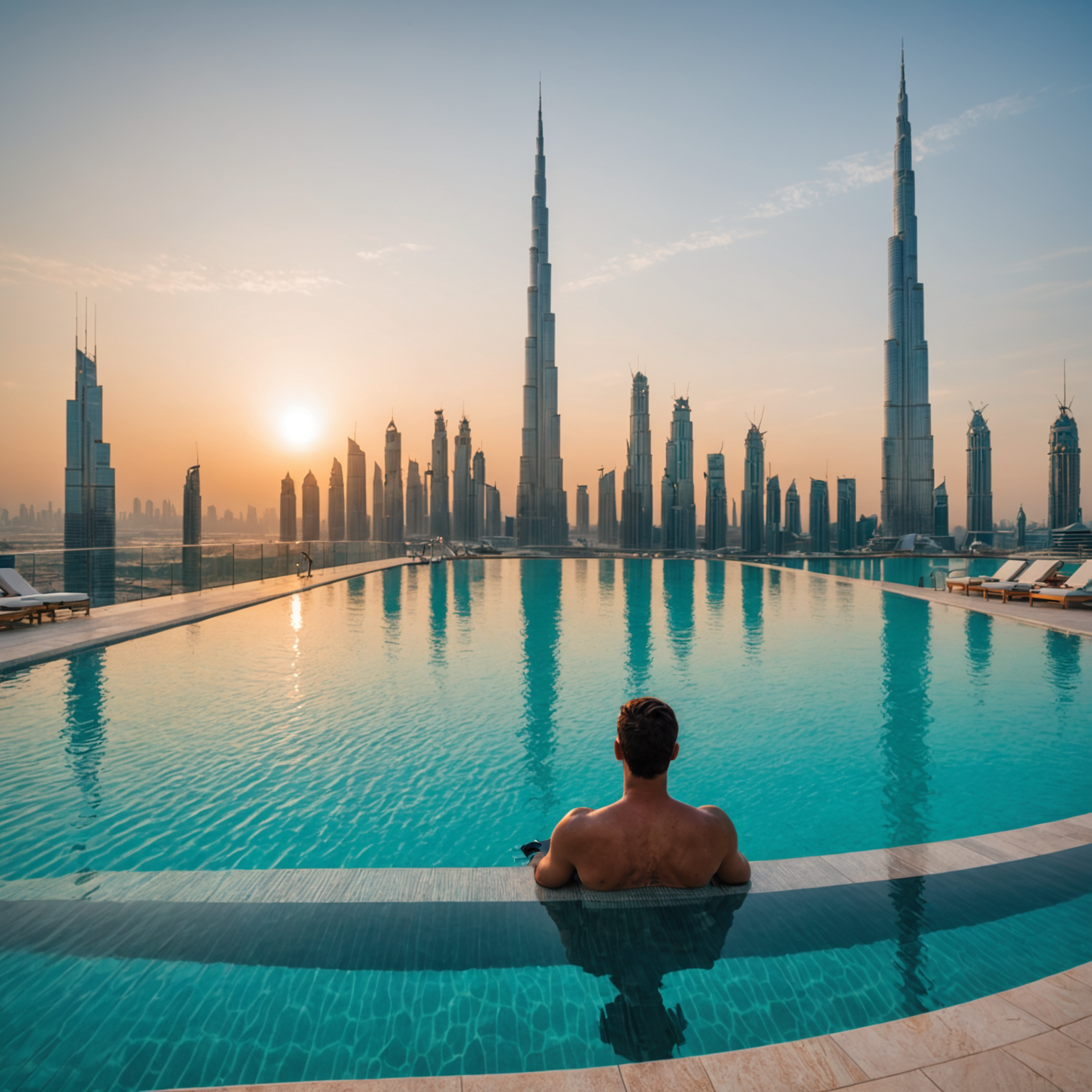 Stunning panoramic infinity pool at PoolAura-Sky Dubai with crystal clear turquoise water reflecting the golden sunset skyline, luxury loungers arranged along the edge, and a photographer capturing the perfect Instagram moment with the Burj Khalifa visible in the background