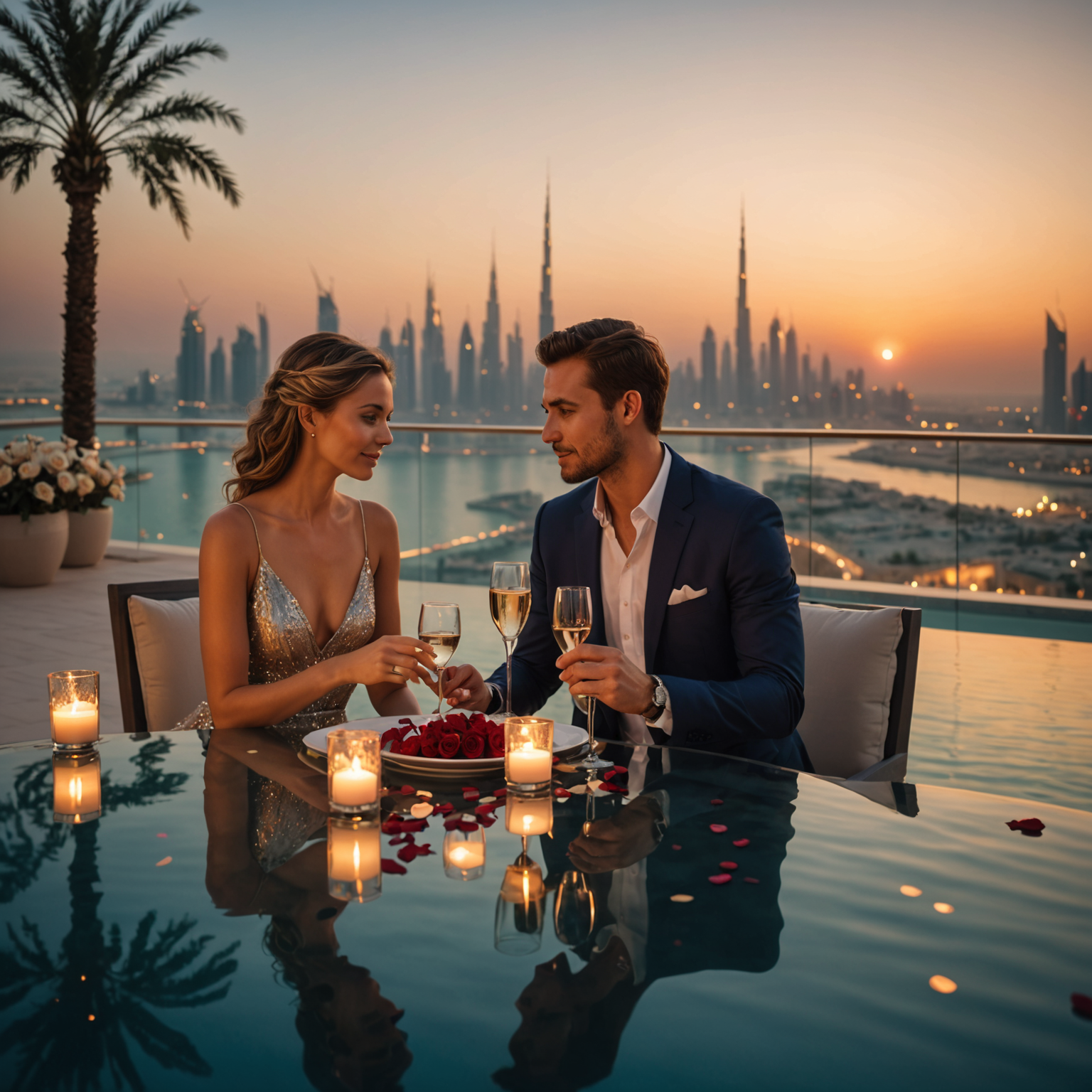 Romantic couple enjoying private candlelit dinner by the infinity pool at sunset, elegant table setting with champagne, Dubai skyline illuminated in background, rose petals and soft lighting creating intimate atmosphere