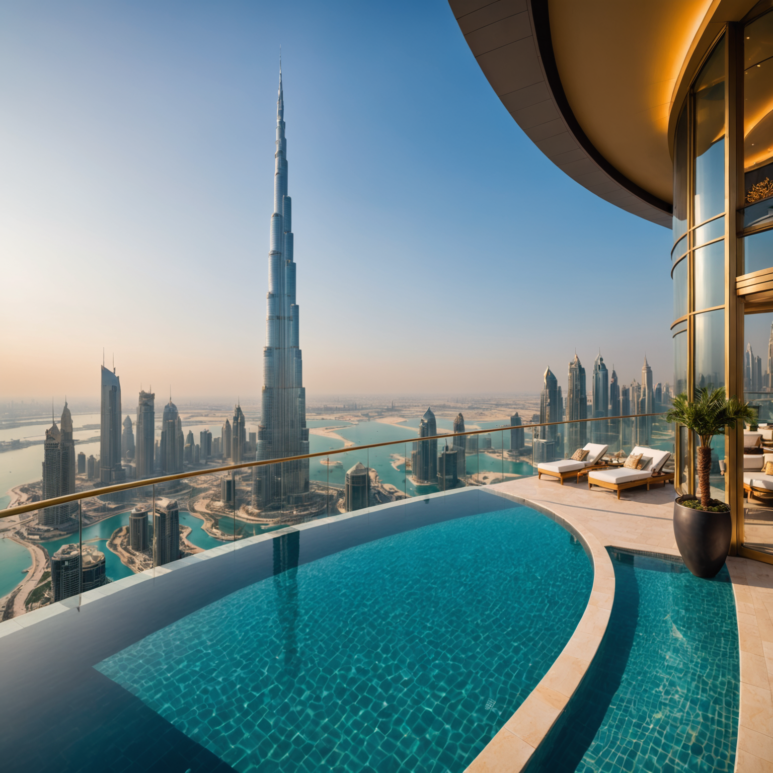Wide-angle photograph showcasing the complete 360-degree panoramic view from PoolAura-Sky infinity pool, featuring Burj Khalifa, Dubai Marina towers, Palm Jumeirah in distance, crystal-clear pool water reflecting the skyline, elegant pool deck with champagne-gold accents, luxury cabanas visible on sides