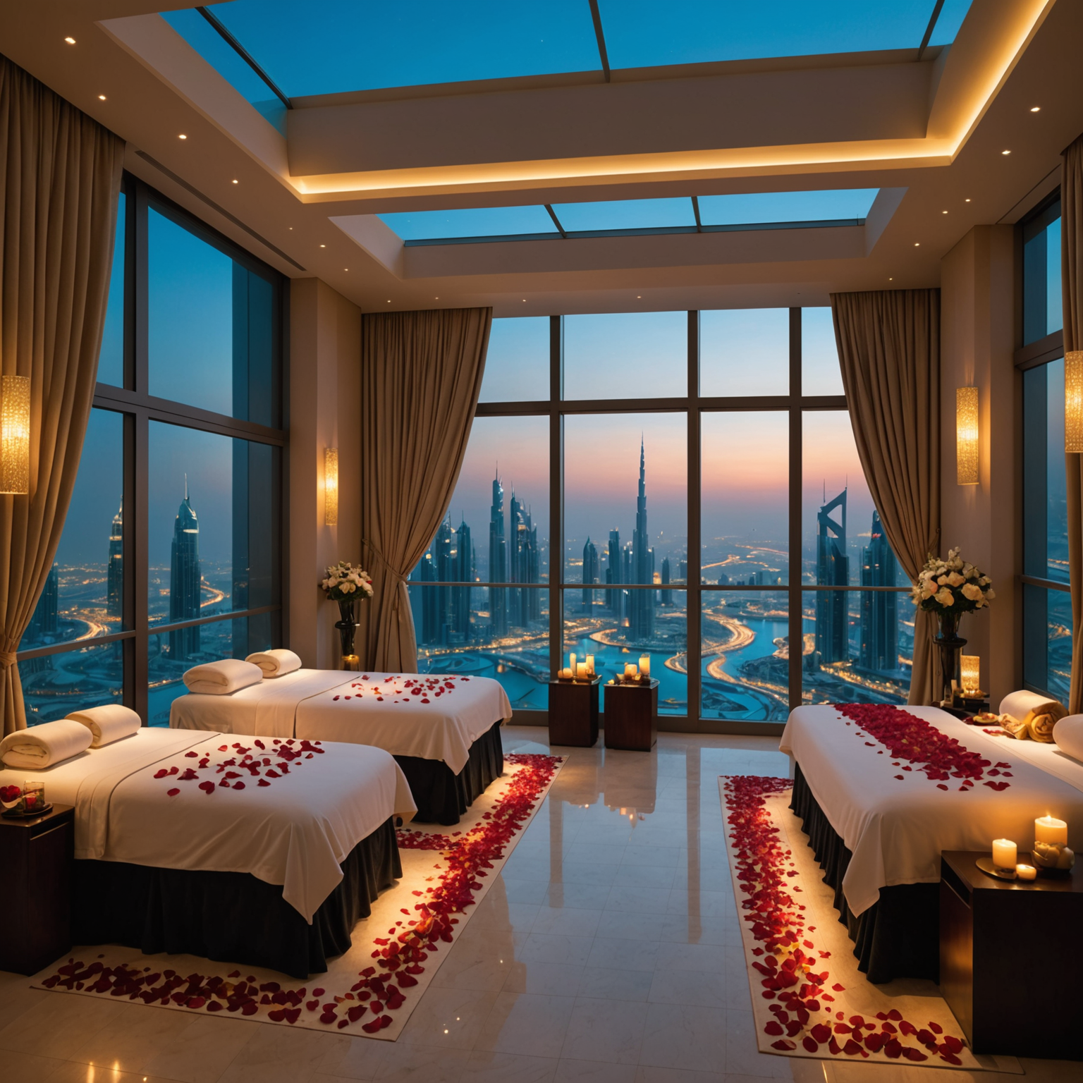 Elegant couples spa suite at PoolAura-Sky featuring side-by-side massage tables with rose petals, soft candlelight, champagne gold accents, and floor-to-ceiling windows overlooking Dubai skyline
