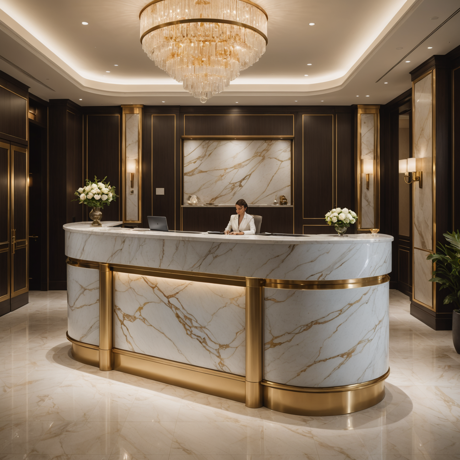 Elegant concierge desk at PoolAura-Sky with professional staff member assisting guests, featuring warm sand-colored marble surfaces, champagne gold accents, and sophisticated lighting creating an atmosphere of personalized luxury service