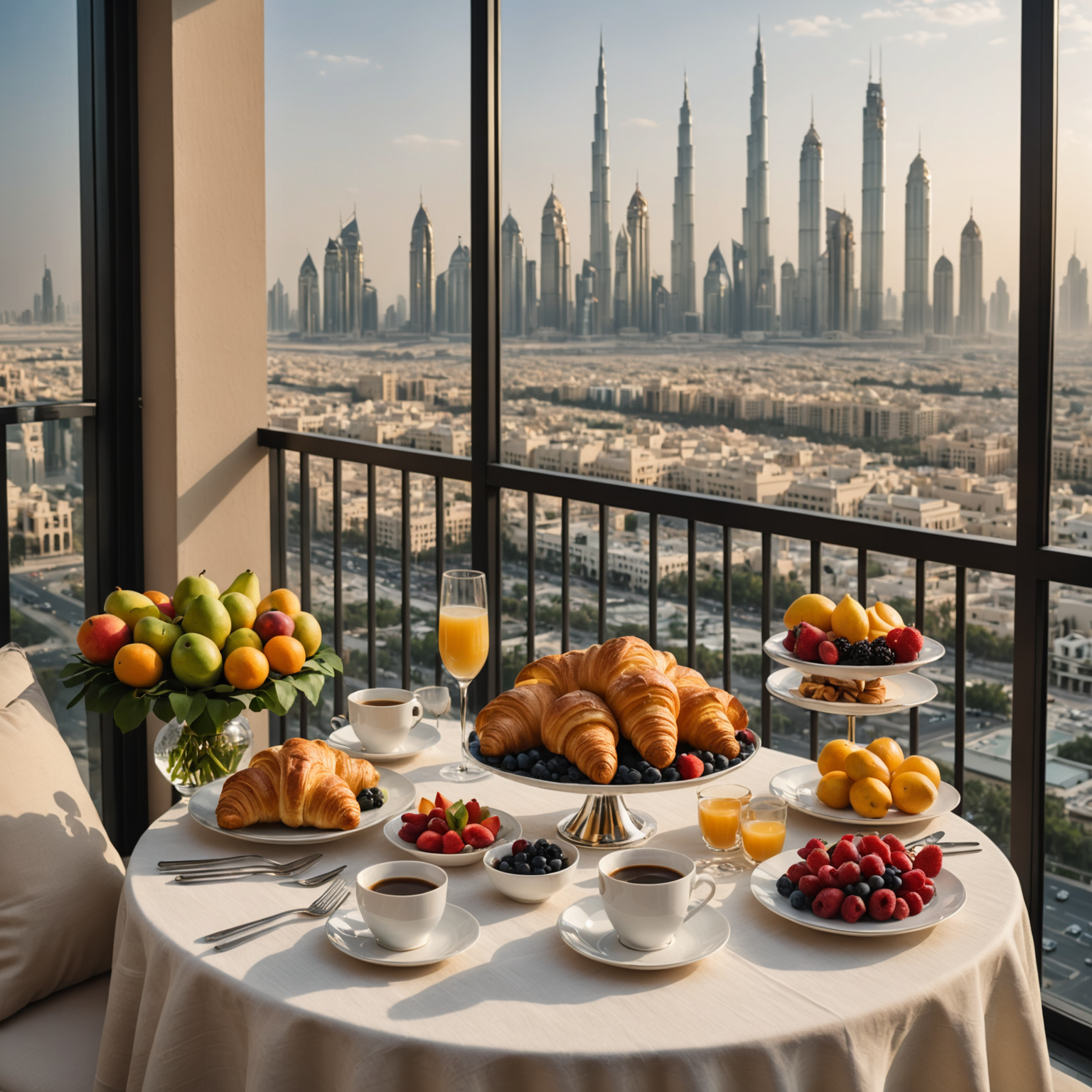 Elegant breakfast spread on a private balcony featuring fresh croissants, exotic fruits, premium coffee in fine china, with the Dubai skyline visible in the soft morning light and champagne-colored linens on the table