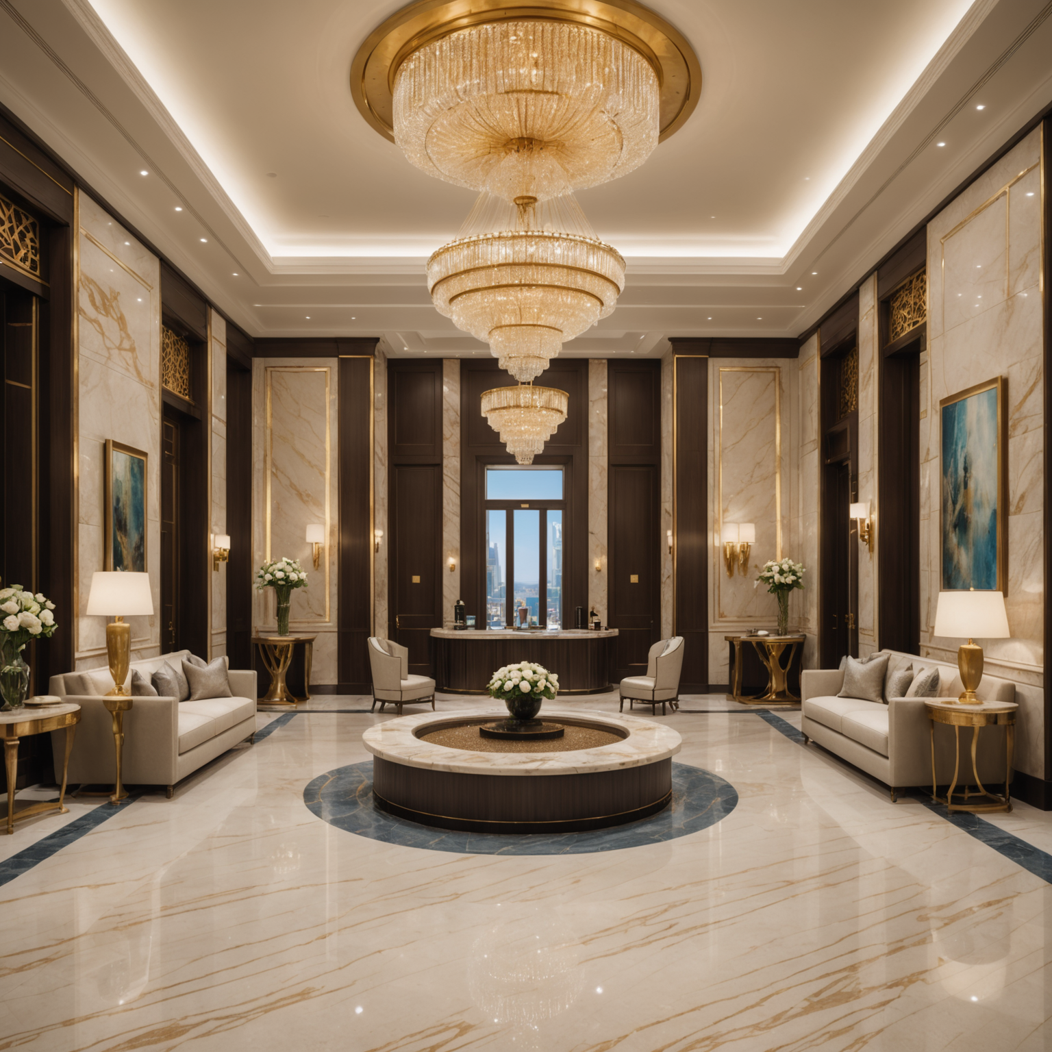 Sophisticated PoolAura-Sky reception area featuring warm sand-toned marble, champagne gold fixtures, and welcoming concierge staff assisting first-time guests in an atmosphere of refined Arabian luxury