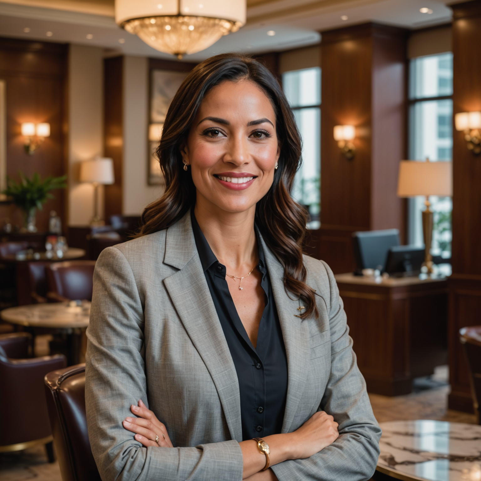 Professional portrait of Sophia Martinez, Director of Guest Experience, wearing sophisticated business attire with warm smile, luxury hotel interior in background