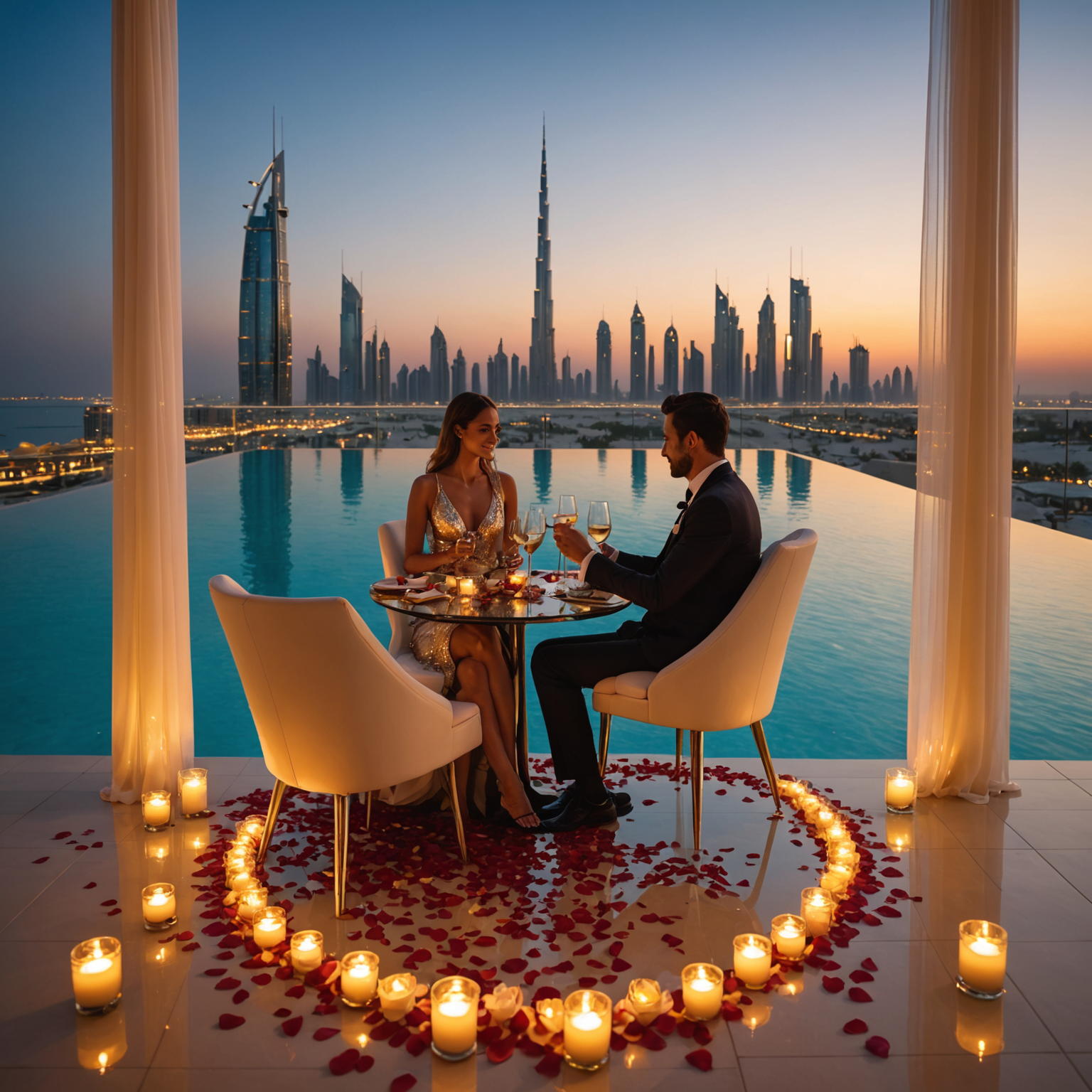 Romantic couple enjoying a private candlelit dinner by the infinity pool at sunset, with rose petals scattered on the table, champagne glasses reflecting the golden Dubai skyline, luxury cabana with flowing white curtains in the background, and the aura sky pool creating a magical ambiance