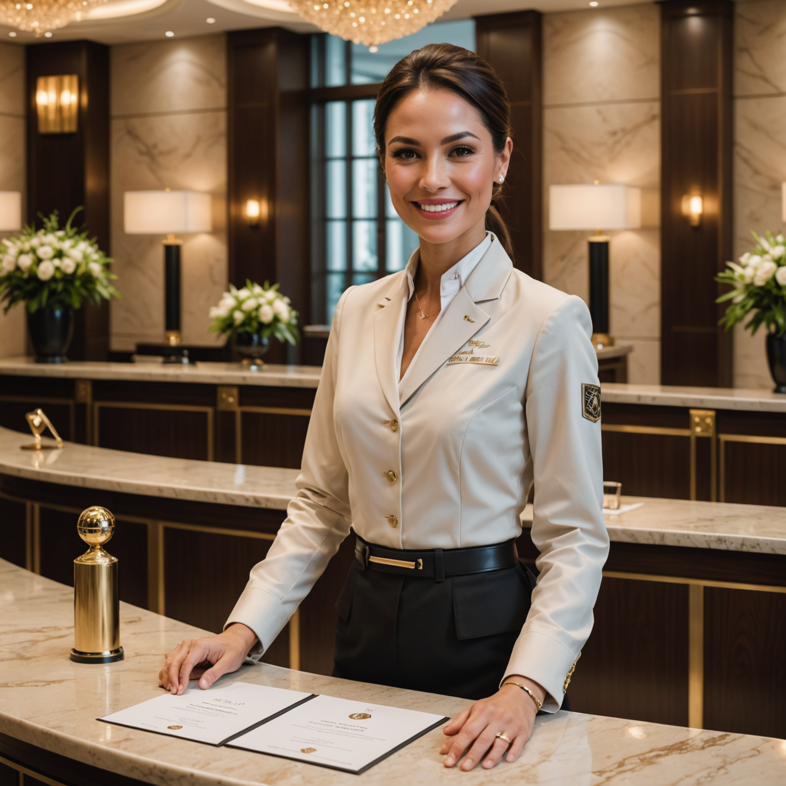 Professional hotel concierge in elegant uniform assisting guests at luxurious reception desk, warm welcoming smile, sophisticated lobby with champagne gold accents, personalized service excellence, attention to detail