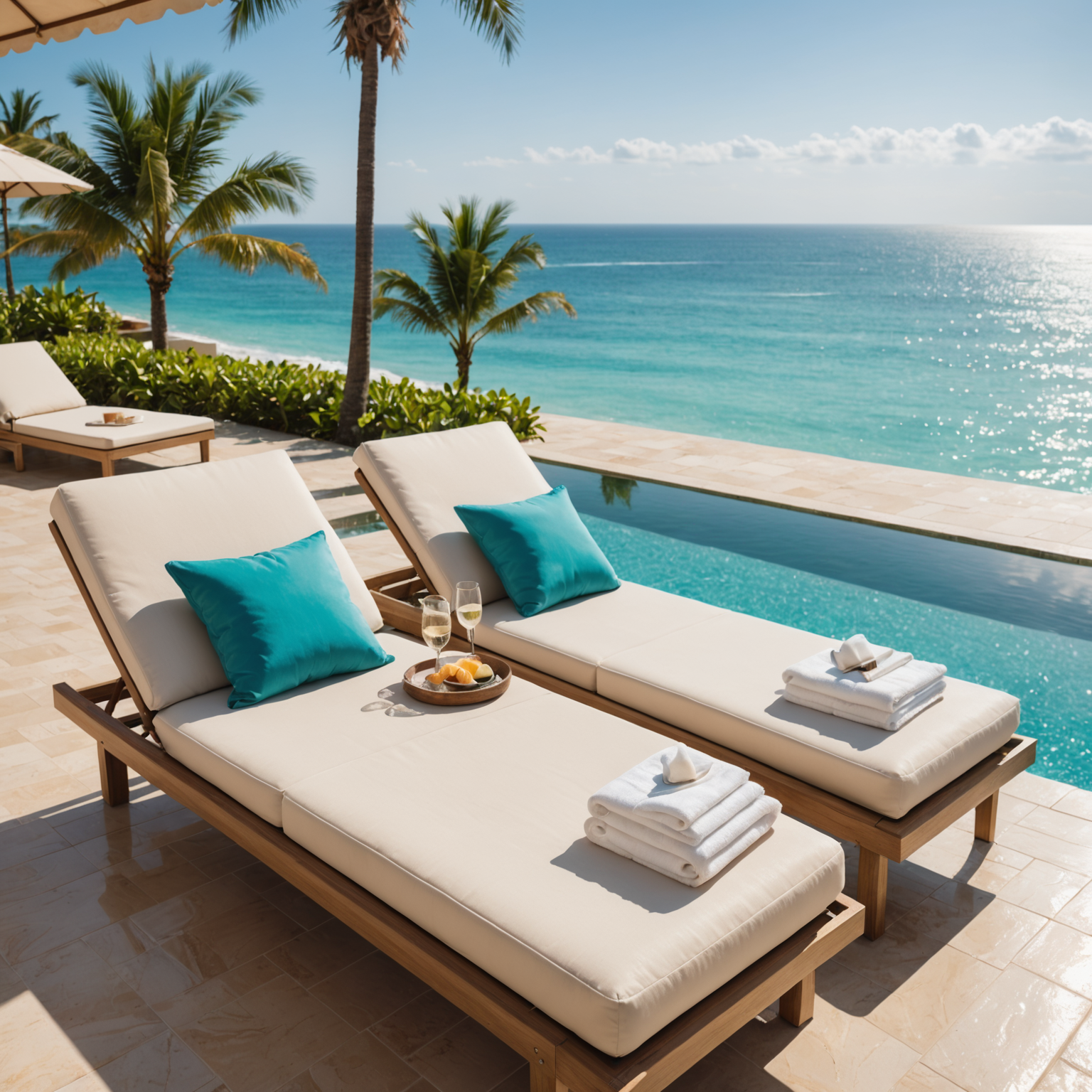 Close-up of elegant champagne-gold pool loungers with plush white cushions arranged along infinity pool edge, warm sand-toned deck tiles, tropical palm trees in background, turquoise pool water glistening in sunlight, luxury towels folded perfectly