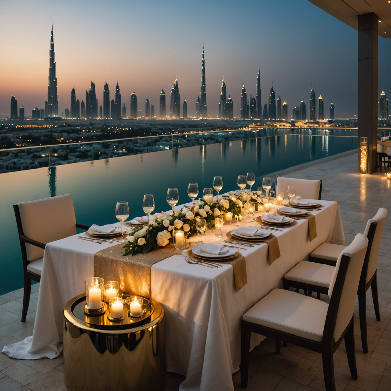Intimate candlelit dinner table set up beside the infinity pool at night, with white linens, champagne gold accents, floating candles in the pool, and Dubai's illuminated skyline creating a magical backdrop