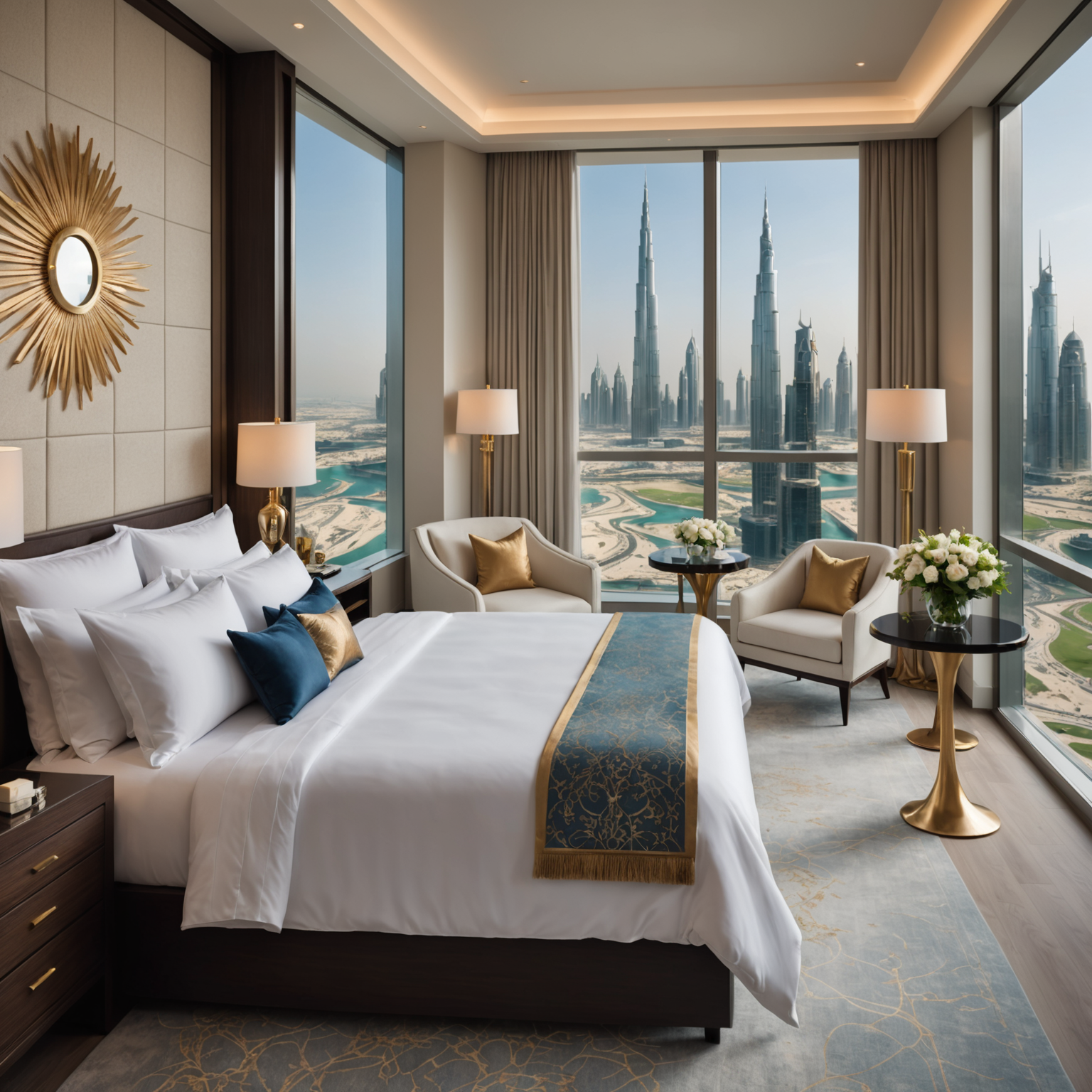 Immaculately prepared luxury hotel room at PoolAura-Sky featuring pristine white linens with champagne gold accent pillows, fresh flowers on bedside table, personalized welcome amenities, and floor-to-ceiling windows showcasing Dubai skyline views