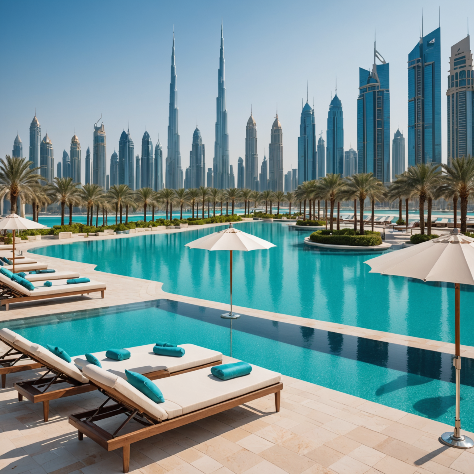Luxurious poolside loungers with champagne-colored cushions arranged along the infinity pool edge, with the sparkling Dubai skyline in the background, crystal-clear turquoise water, and elegant white umbrellas providing shade