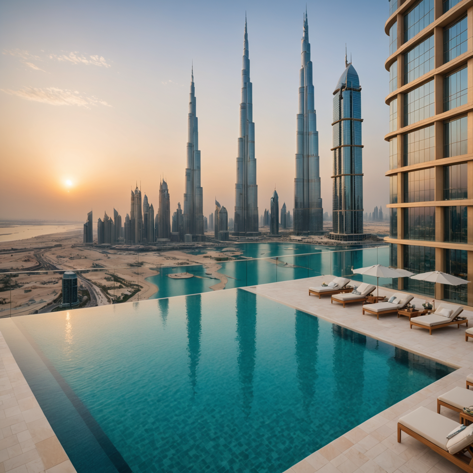 Sophisticated PoolAura-Sky suite showcasing elegant interior design with warm sand-colored walls, champagne gold fixtures, plush furnishings, and panoramic windows revealing the stunning infinity pool and Dubai's glittering skyline at dusk