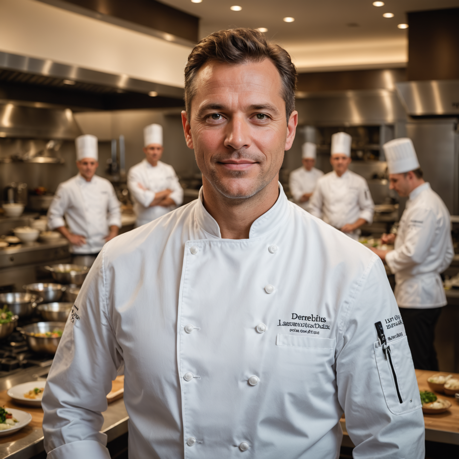 Professional portrait of Chef Laurent Dubois, Executive Chef, wearing chef whites with elegant presentation, luxury kitchen setting in background