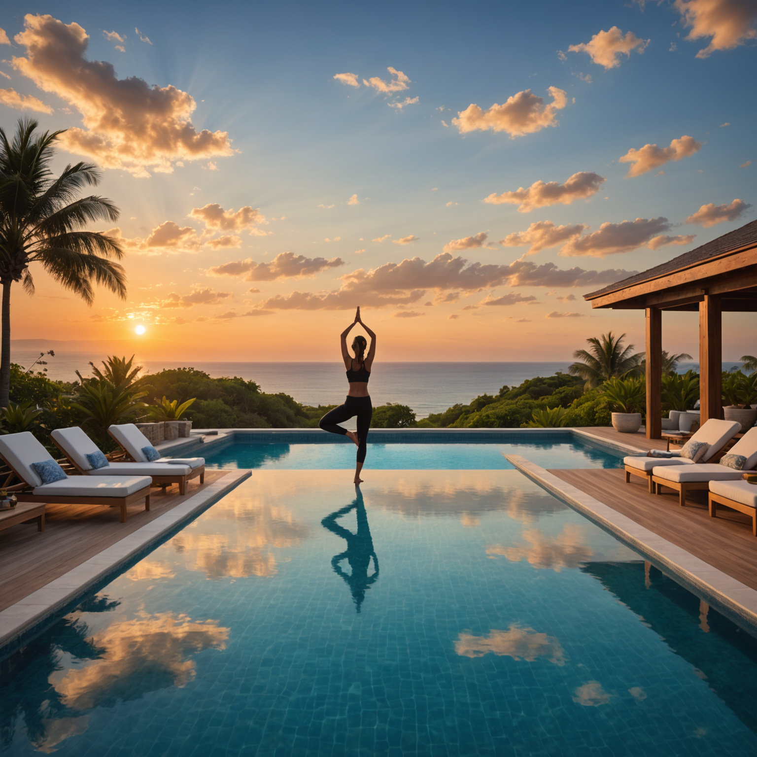 Composite image showing PoolAura-Sky throughout the day: sunrise yoga by infinity pool, afternoon relaxation, golden sunset cocktails, and midnight swimming under stars, showcasing continuous luxury experience