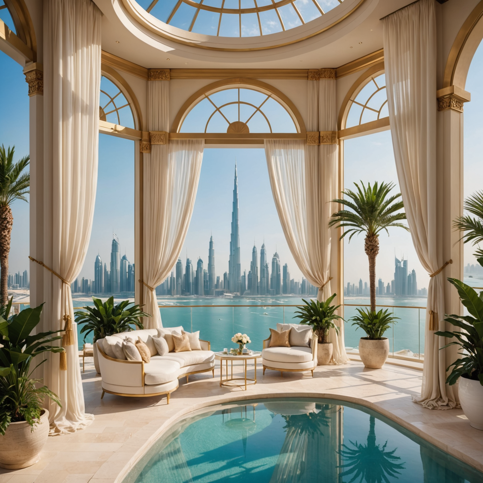 Elegant white cabana with flowing sheer curtains billowing in breeze, champagne-gold frame details, plush seating inside, infinity pool and Dubai skyline visible through opening, tropical plants framing the scene, soft natural lighting