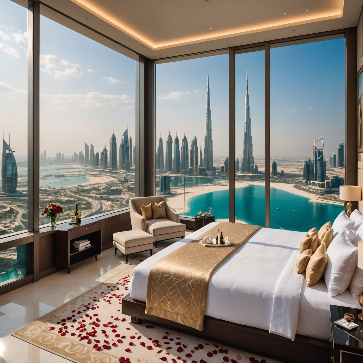 Luxurious honeymoon suite at PoolAura-Sky featuring king-size bed with champagne gold accents, rose petals, floor-to-ceiling windows with panoramic Dubai skyline views, private terrace with infinity pool access