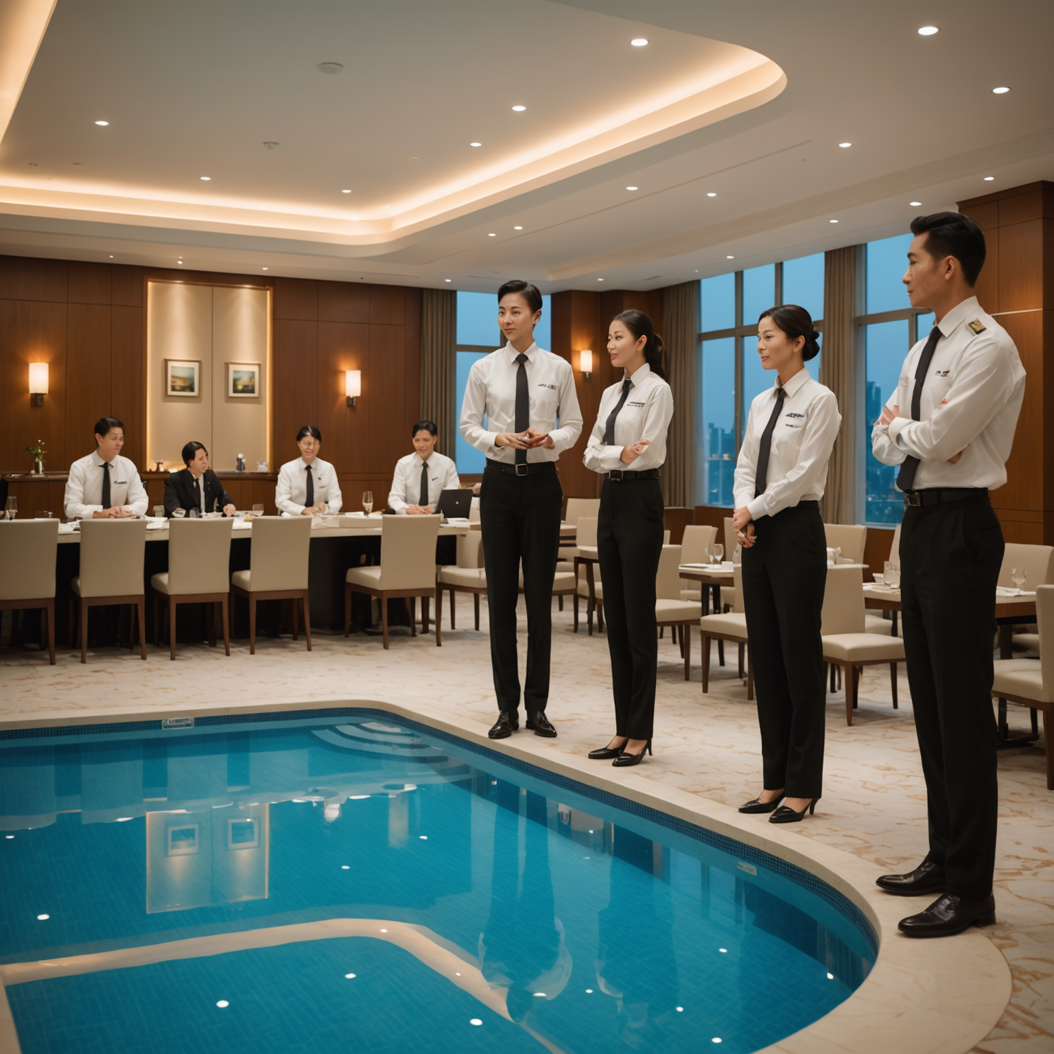 Professional training session at PoolAura-Sky with hotel staff members in elegant uniforms participating in hospitality excellence workshop, featuring modern training room with warm lighting and luxury hotel ambiance
