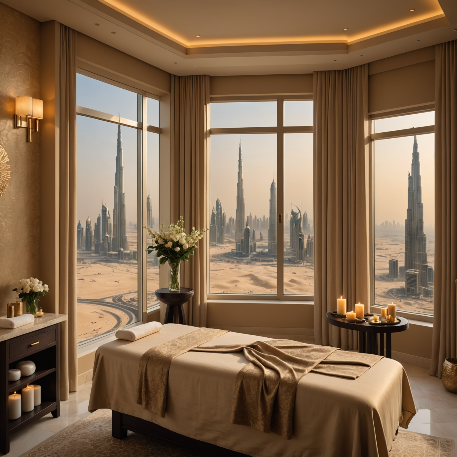 Serene spa treatment room with warm sand-colored walls, soft golden lighting, massage table with champagne-colored linens, aromatic candles, and large windows overlooking the Dubai skyline