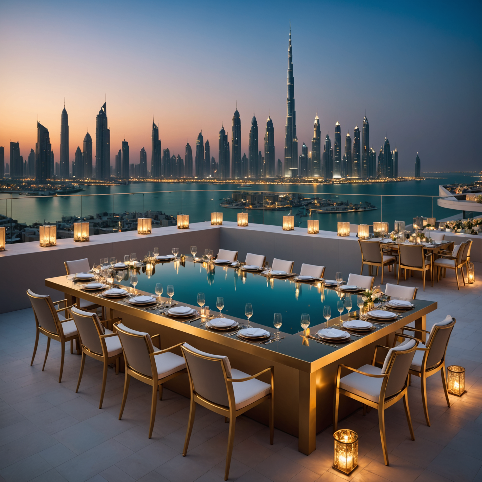 Sophisticated rooftop dining scene at PoolAura-Sky featuring elegantly set tables with champagne gold details, the illuminated infinity pool creating a stunning foreground, and Dubai's sparkling skyline at twilight creating a romantic, luxurious atmosphere