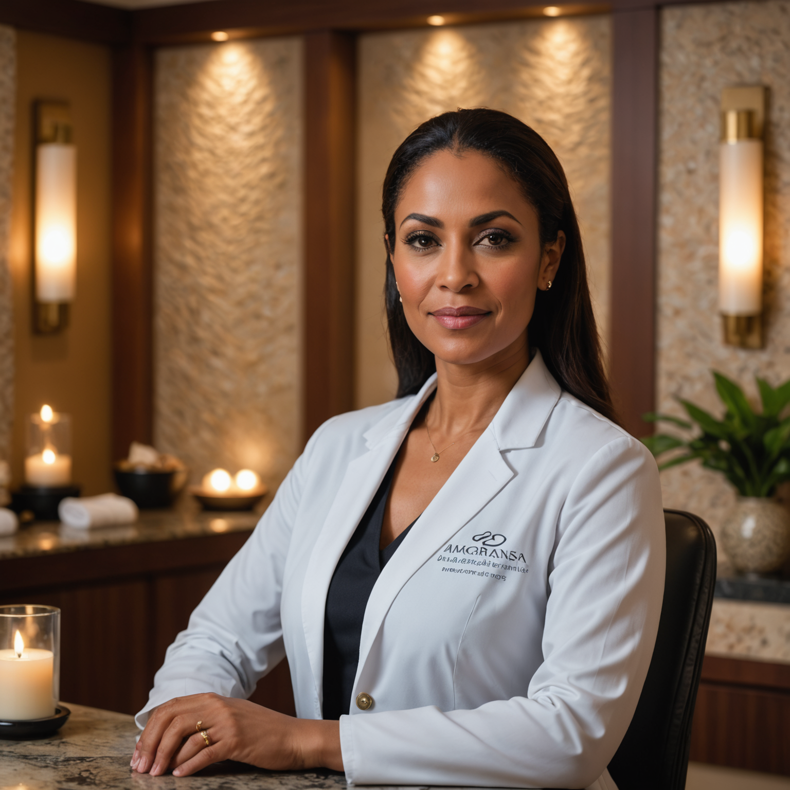 Professional portrait of Amira Hassan, Spa & Wellness Director, wearing elegant professional attire with serene expression, luxury spa environment in background