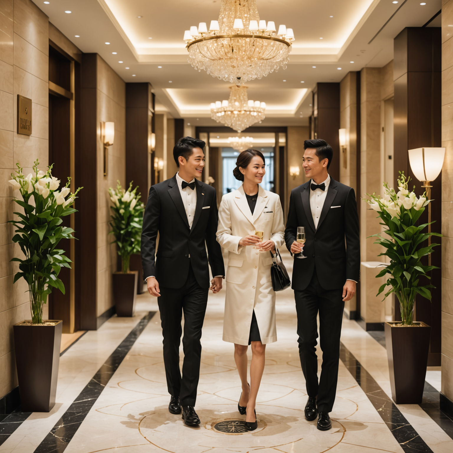 Welcoming hotel staff greeting first-time guests with champagne and warm towels, elegant lobby entrance, special discount voucher presentation, luxury amenities showcase, premium guest experience introduction