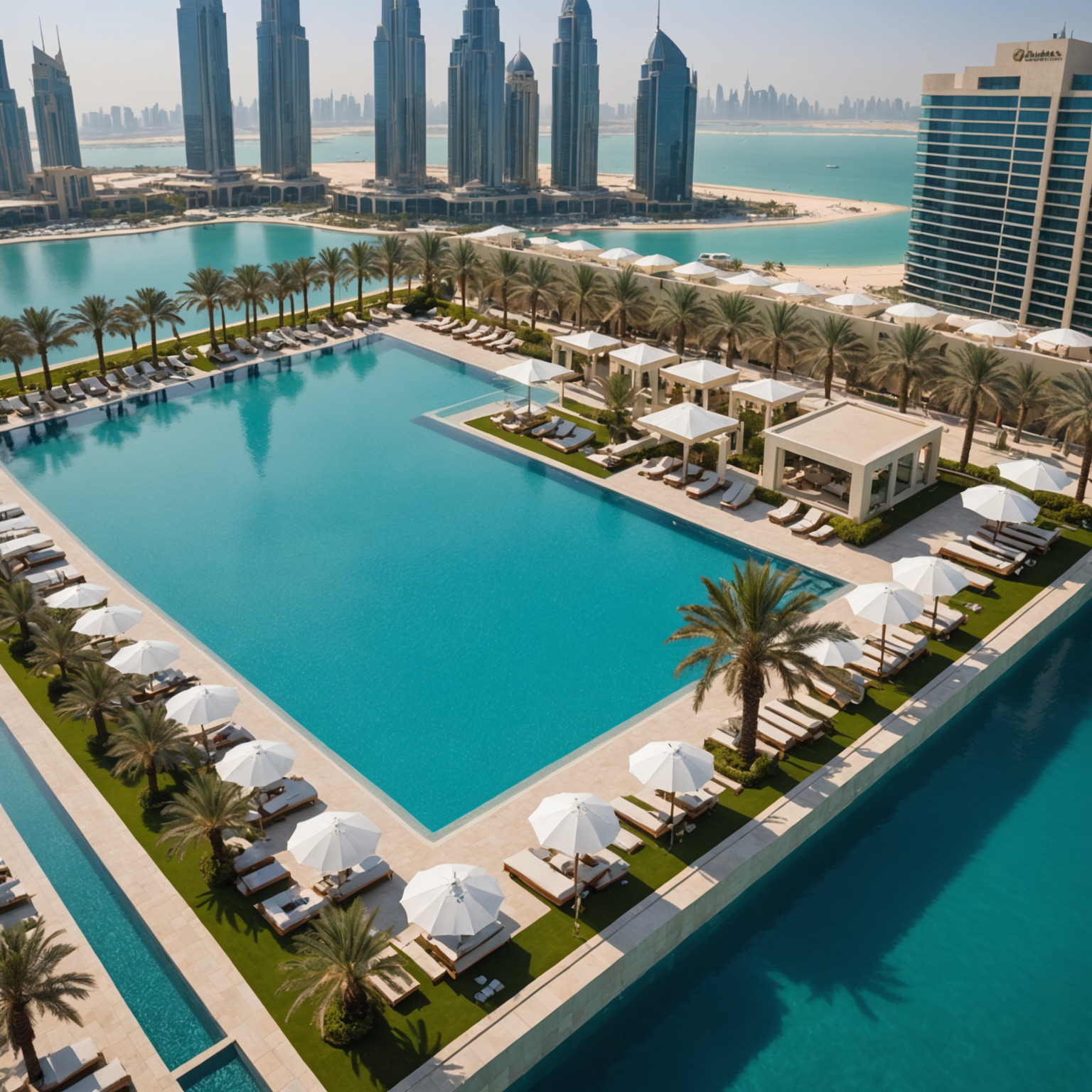 Aerial view of PoolAura-Sky infinity pool showing spacious layout with well-distributed guests enjoying the pool, elegant loungers with champagne-gold accents, white cabanas, tropical landscaping, crystal-clear turquoise water, Dubai skyline in background, serene and uncrowded atmosphere