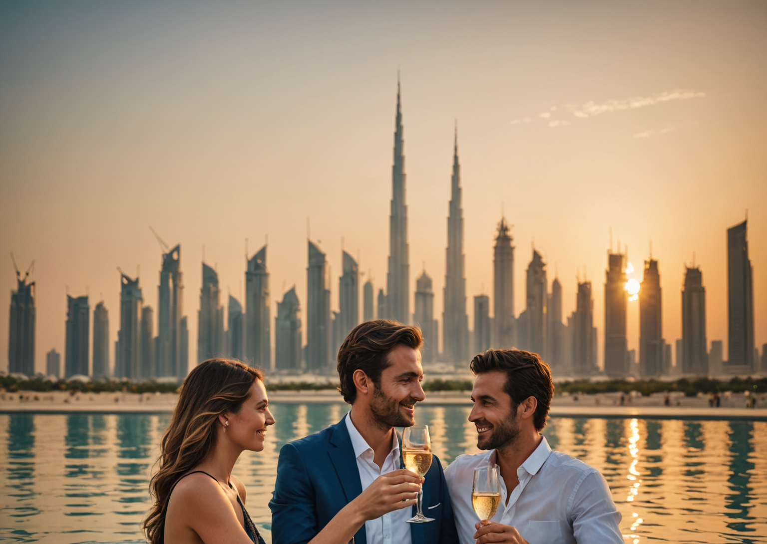 Happy couple relaxing together in the infinity pool at sunset, holding champagne glasses, with warm golden light reflecting off the water and Dubai's skyline silhouetted in the background