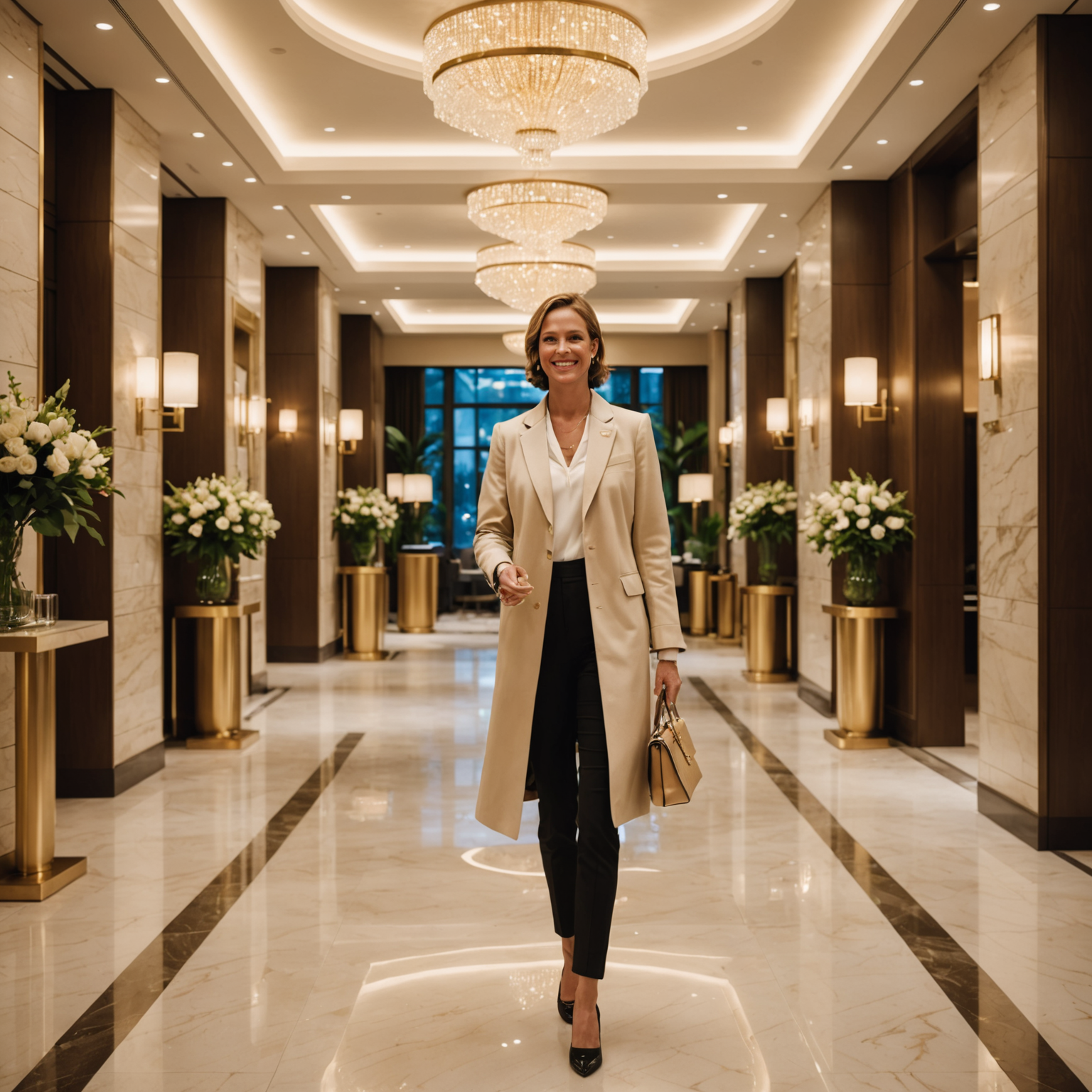 Warm welcome scene at PoolAura-Sky entrance with smiling staff member greeting returning guests, featuring elegant lobby with champagne gold accents, warm lighting, and luxurious atmosphere showcasing personalized hospitality and genuine care