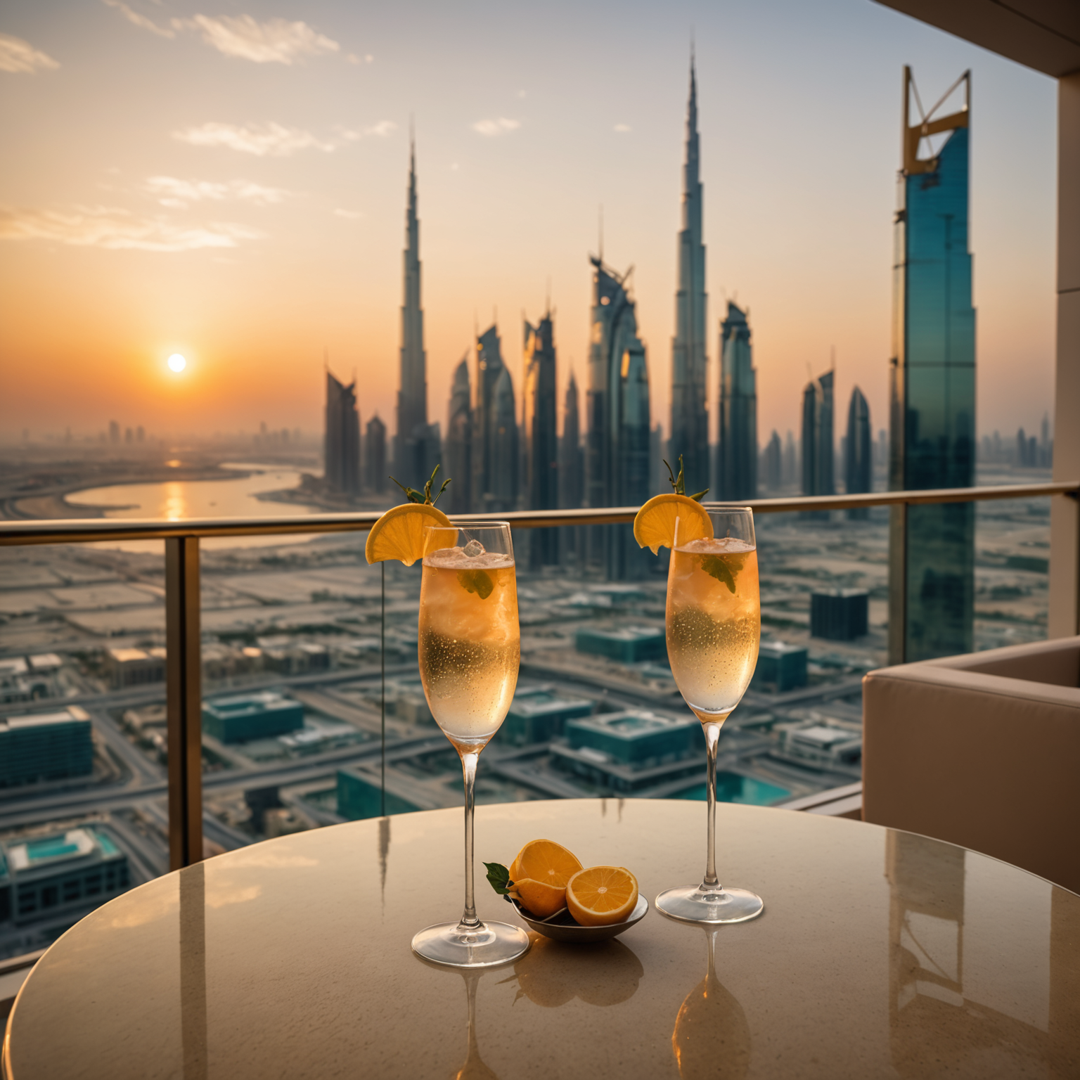Elegant rooftop bar setting with champagne-colored cocktails in crystal glasses, golden hour lighting, the infinity pool visible in the background, and the Dubai skyline silhouetted against a vibrant sunset sky