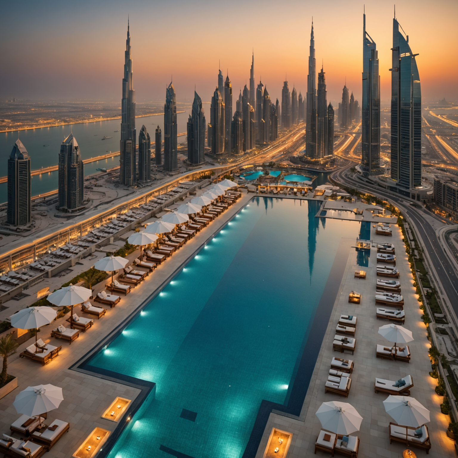 Breathtaking aerial photograph of PoolAura-Sky hotel showcasing the magnificent infinity pool appearing to merge with Dubai's skyline, elegant pool deck with private cabanas, modern architectural design, captured during golden hour with warm, luxurious lighting