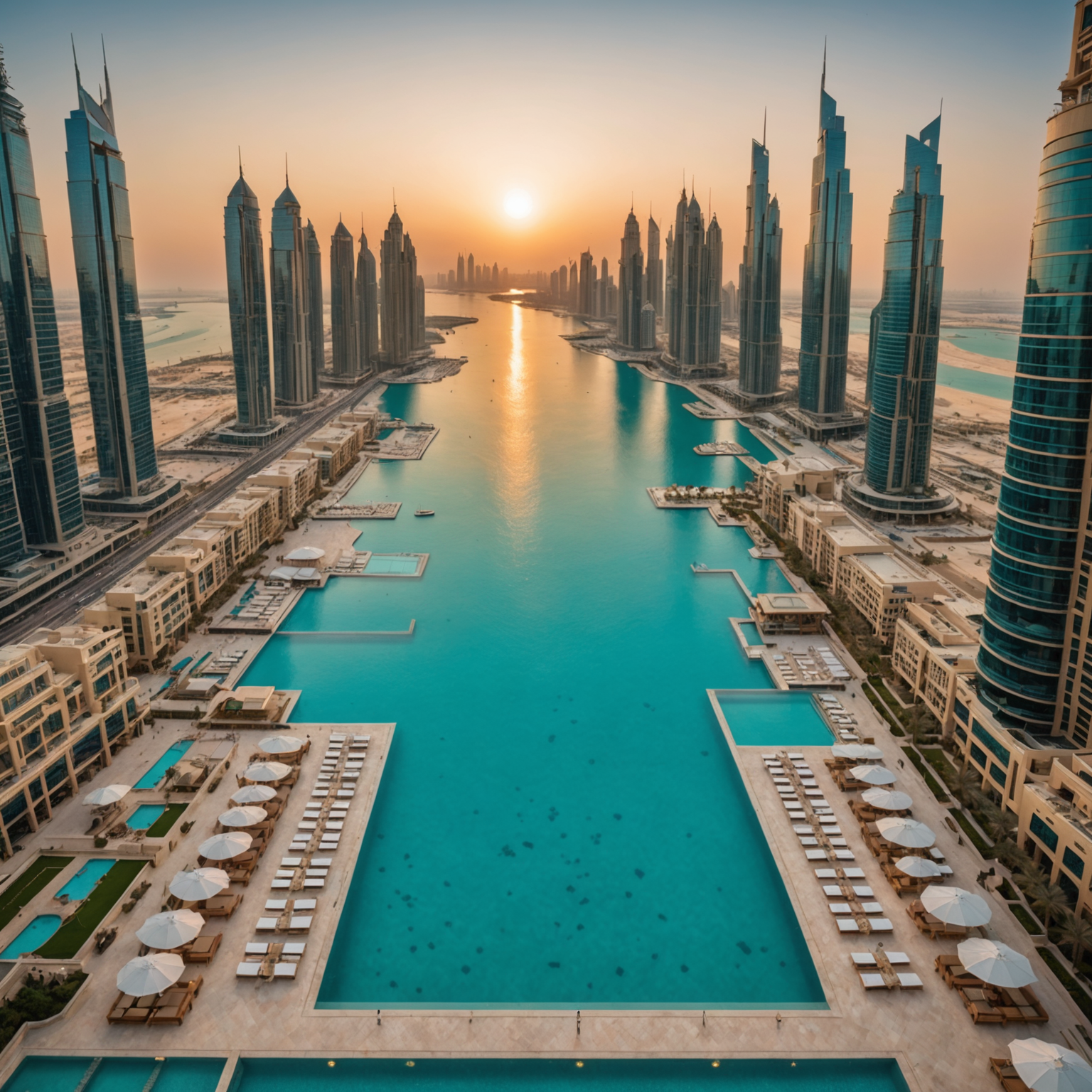 Stunning aerial photograph of PoolAura-Sky's infinity pool extending toward the horizon, crystal-clear turquoise water with elegant swimmers, luxurious cabanas with champagne-gold accents, Dubai Marina skyline in distance, golden sunset lighting