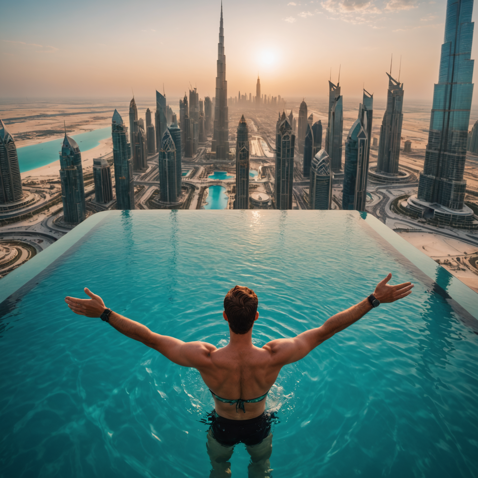 Picture-perfect Instagram-style photo of a guest floating in the infinity pool with arms spread, crystal-clear turquoise water, seamless horizon where pool meets sky, Dubai's Burj Khalifa and skyline in background, golden hour lighting creating warm glow, champagne-gold pool edge details, professional photography quality
