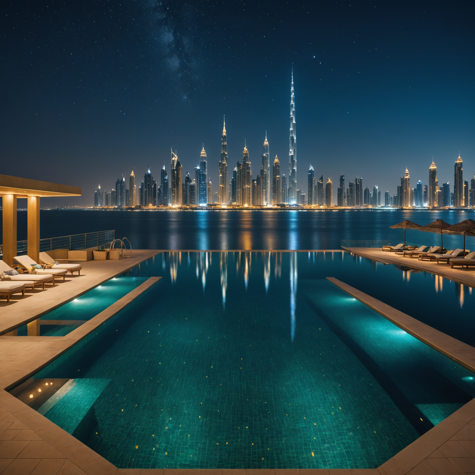 Stunning nighttime view of the infinity pool with soft golden underwater lighting, the Dubai skyline twinkling with lights in the background, stars visible in the dark blue sky, and the pool water reflecting the ambient light