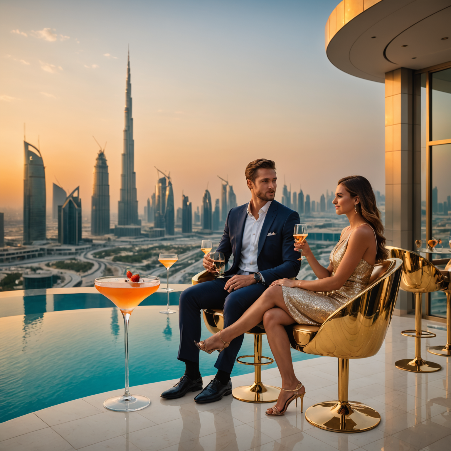 Elegant couple relaxing at PoolAura-Sky's infinity pool bar during golden hour, enjoying artisan cocktails in crystal glassware, seated on champagne gold bar stools with the stunning Dubai skyline and illuminated pool creating a romantic, luxurious atmosphere