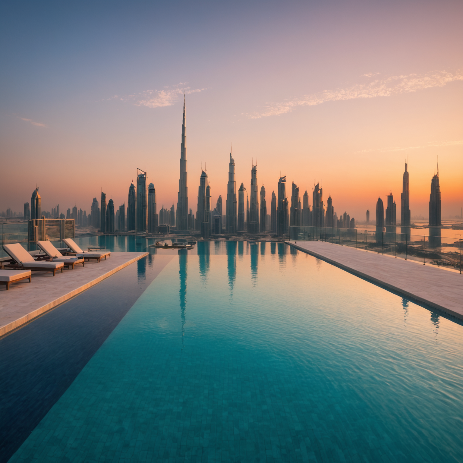 Breathtaking sunrise view from PoolAura-Sky showing the first light of dawn breaking over the Dubai skyline, the infinity pool in the foreground reflecting the soft pink and orange hues of the morning sky