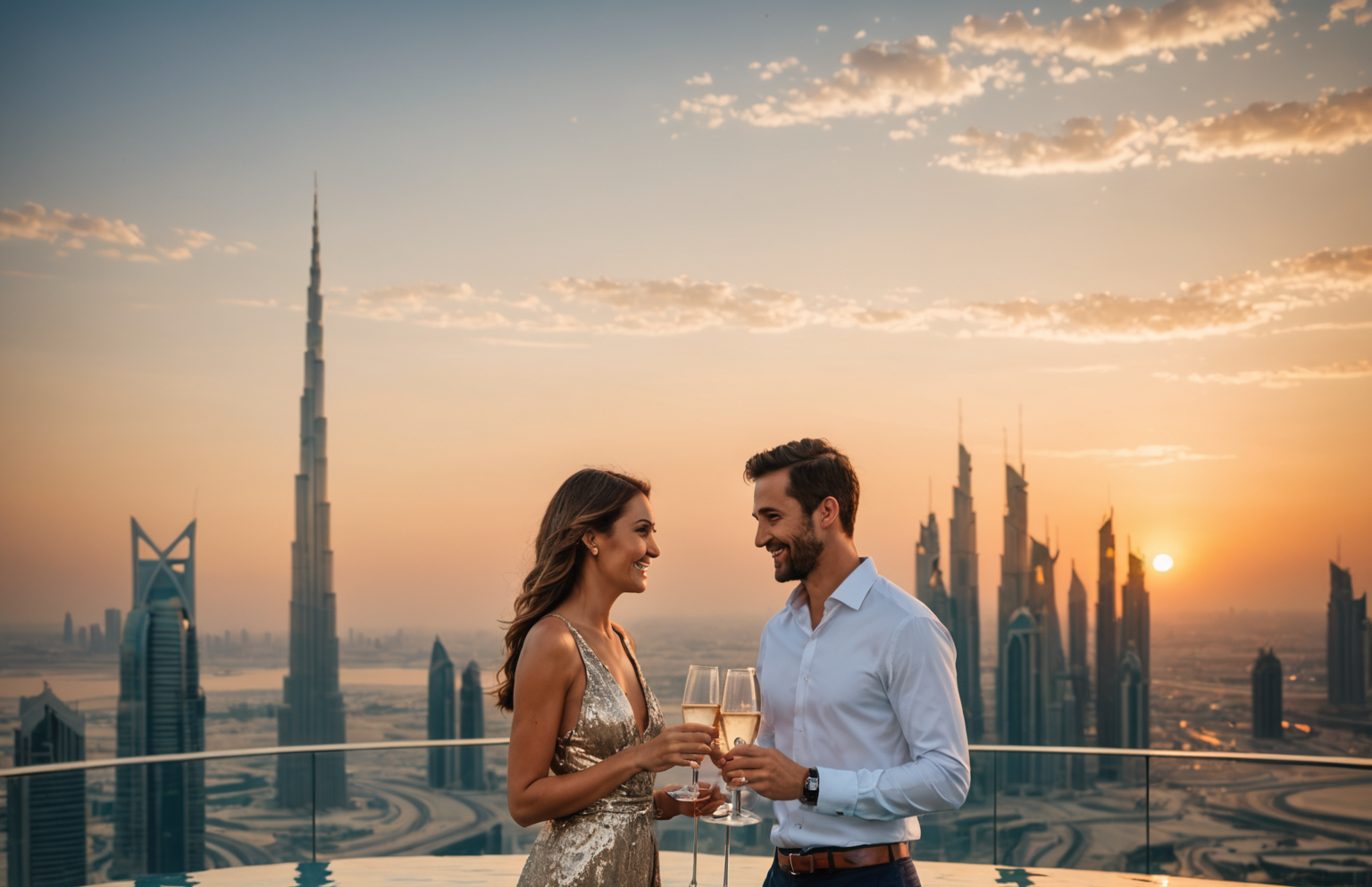 Joyful couple enjoying a romantic moment in PoolAura-Sky's infinity pool during golden hour, holding champagne glasses, with Dubai's illuminated skyline creating a stunning backdrop and warm, luxurious lighting enhancing the intimate atmosphere